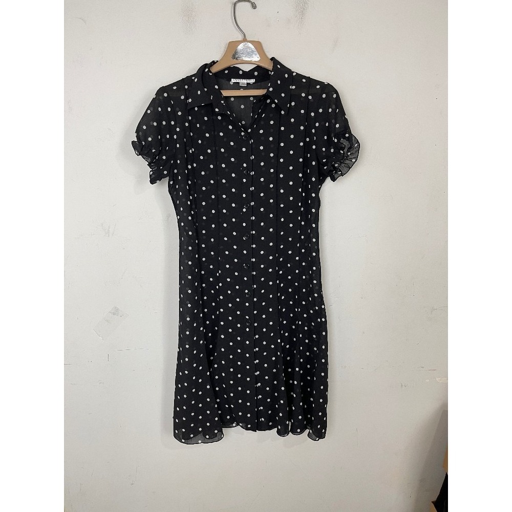 Sandra Darren Women Dress 10 Petite Black Polka Dot Retro Flare 50s Style Sheer